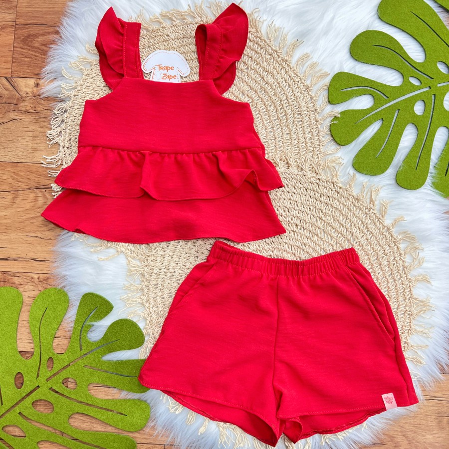 Natal 25 - Conj. Bata Crepe e Short - Vermelho
